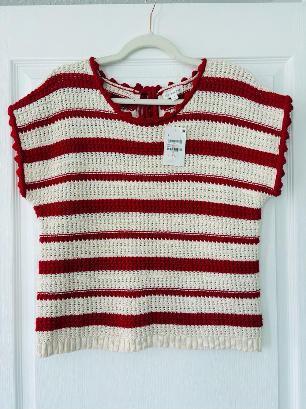 Blu Pepper Red and Cream Striped Crochet Knit Top